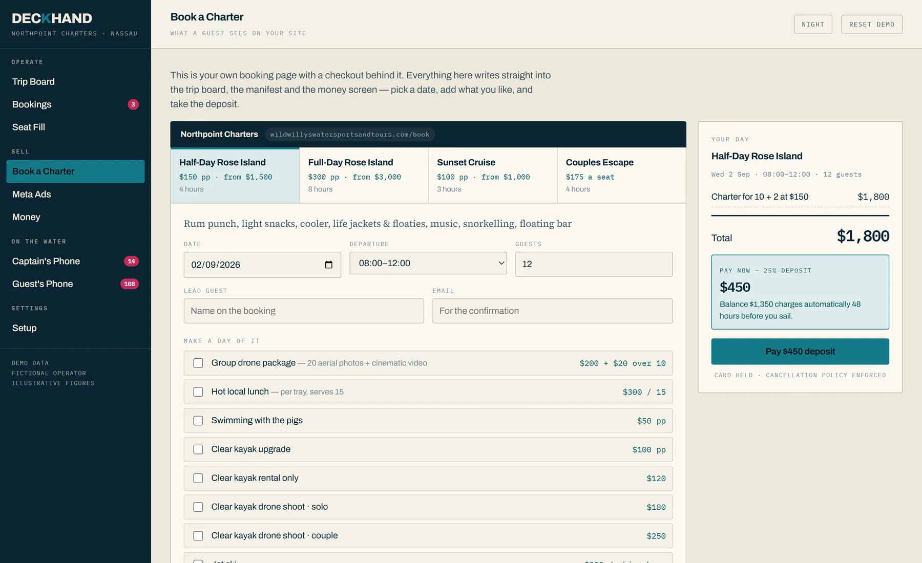 The Deckhand checkout: tour, date, party size, add-ons and deposit calculated from one price catalogue.