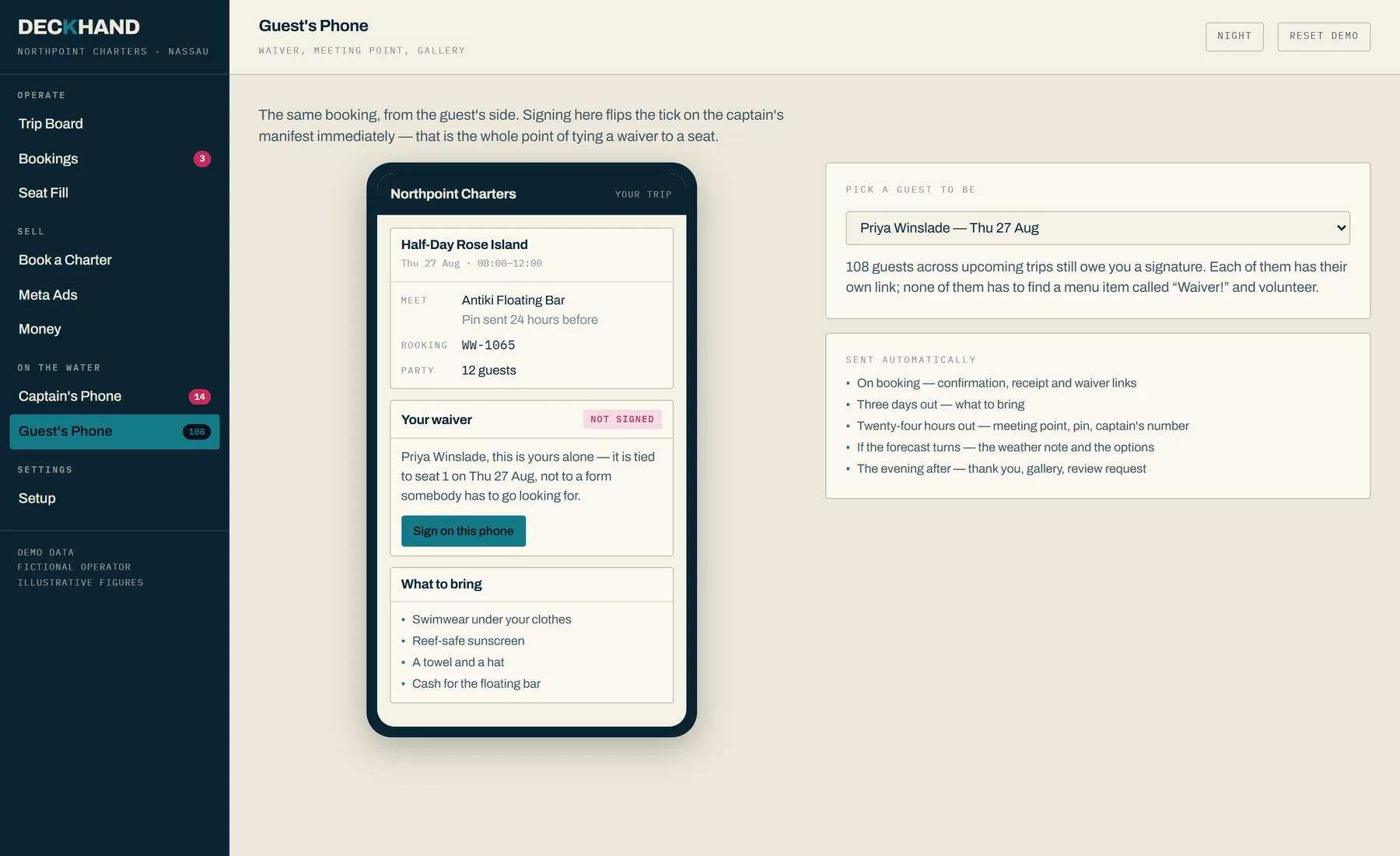 The guest's phone view: booking, waiver, meeting point and what to bring.